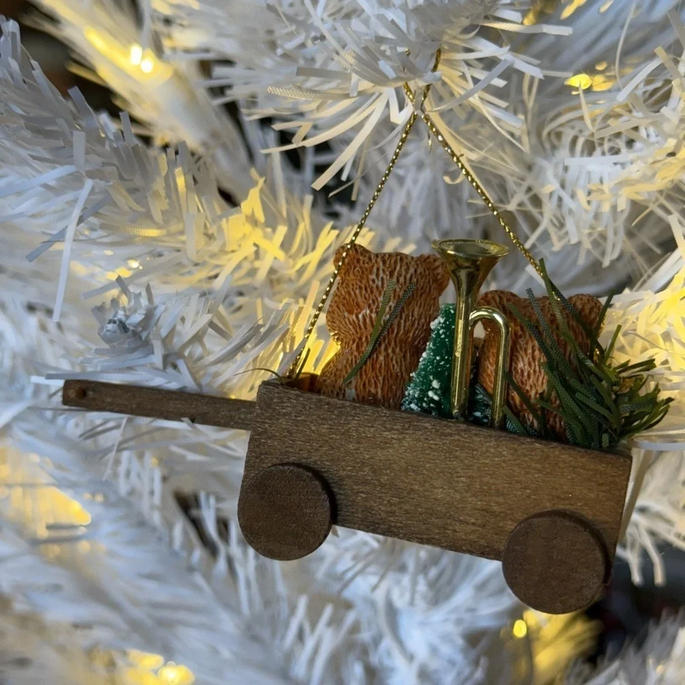 Vintage 1975 Bear Ornament Wagon with Red Bow